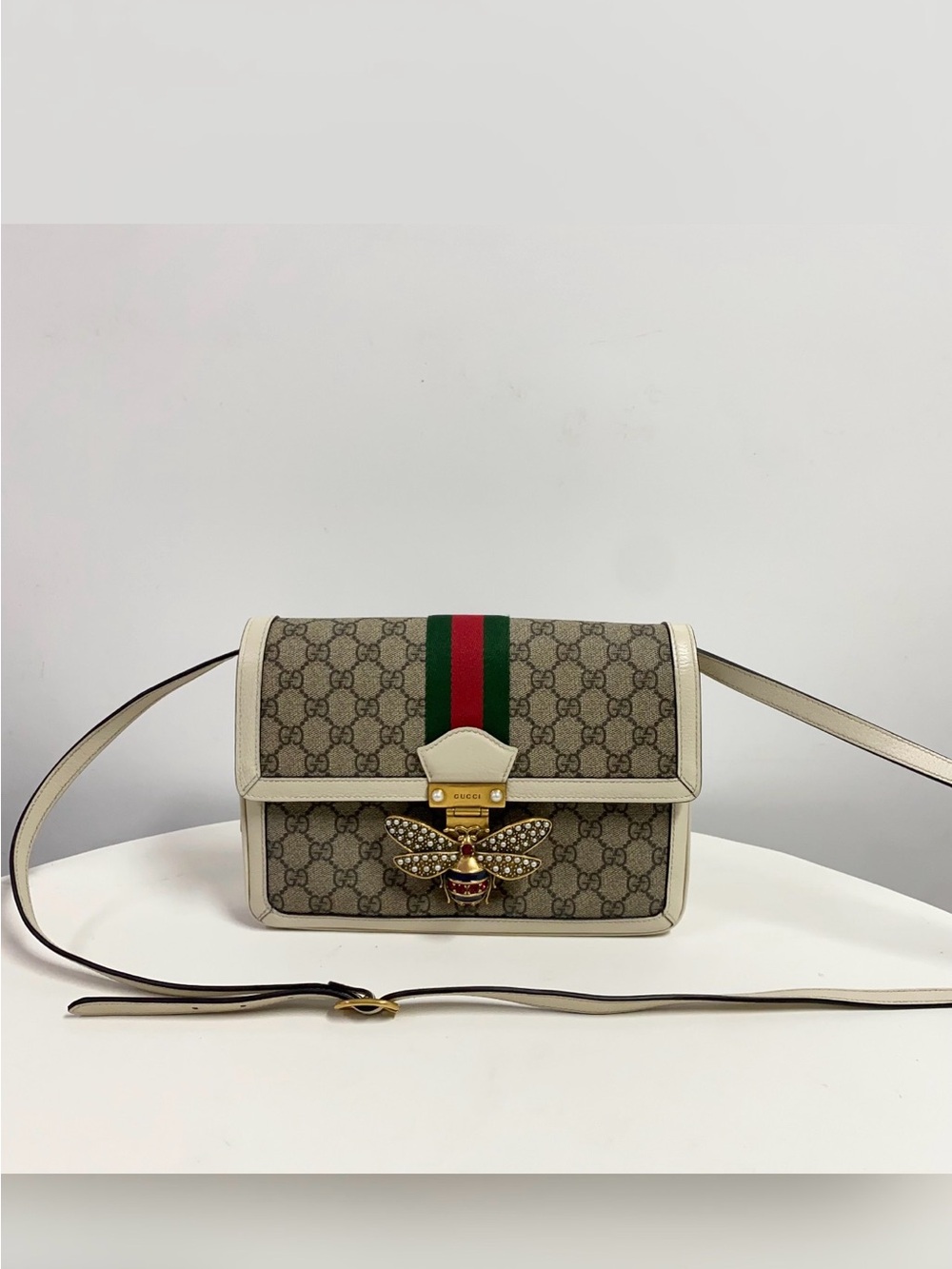 Gucci Beige GG Supreme Crossbody with Green-Red Web and Bee Accent